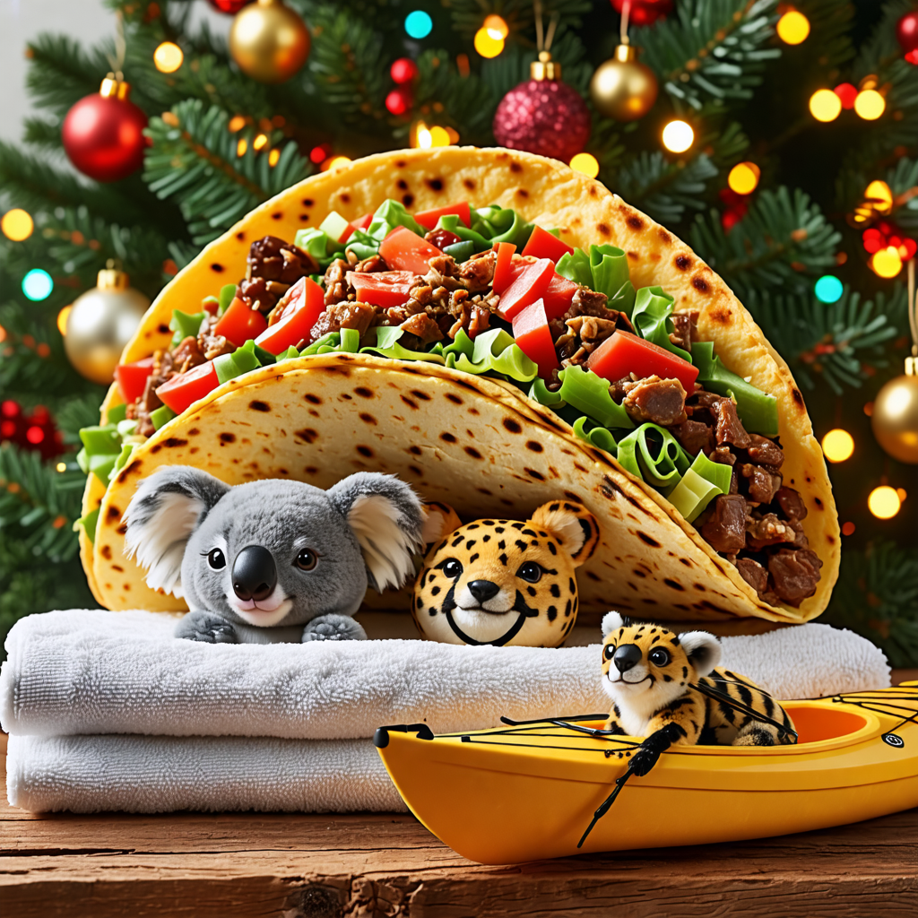 taco, doll, kayak, towel, boat, cheetah, christmas tree, bag, koala, bee